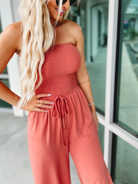 Benthe - Oranje Schouderloze Jumpsuit