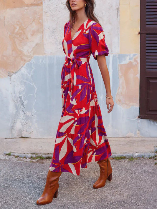Rode Jurk V-Hals Pofmouwen Slit Maxi - Emma