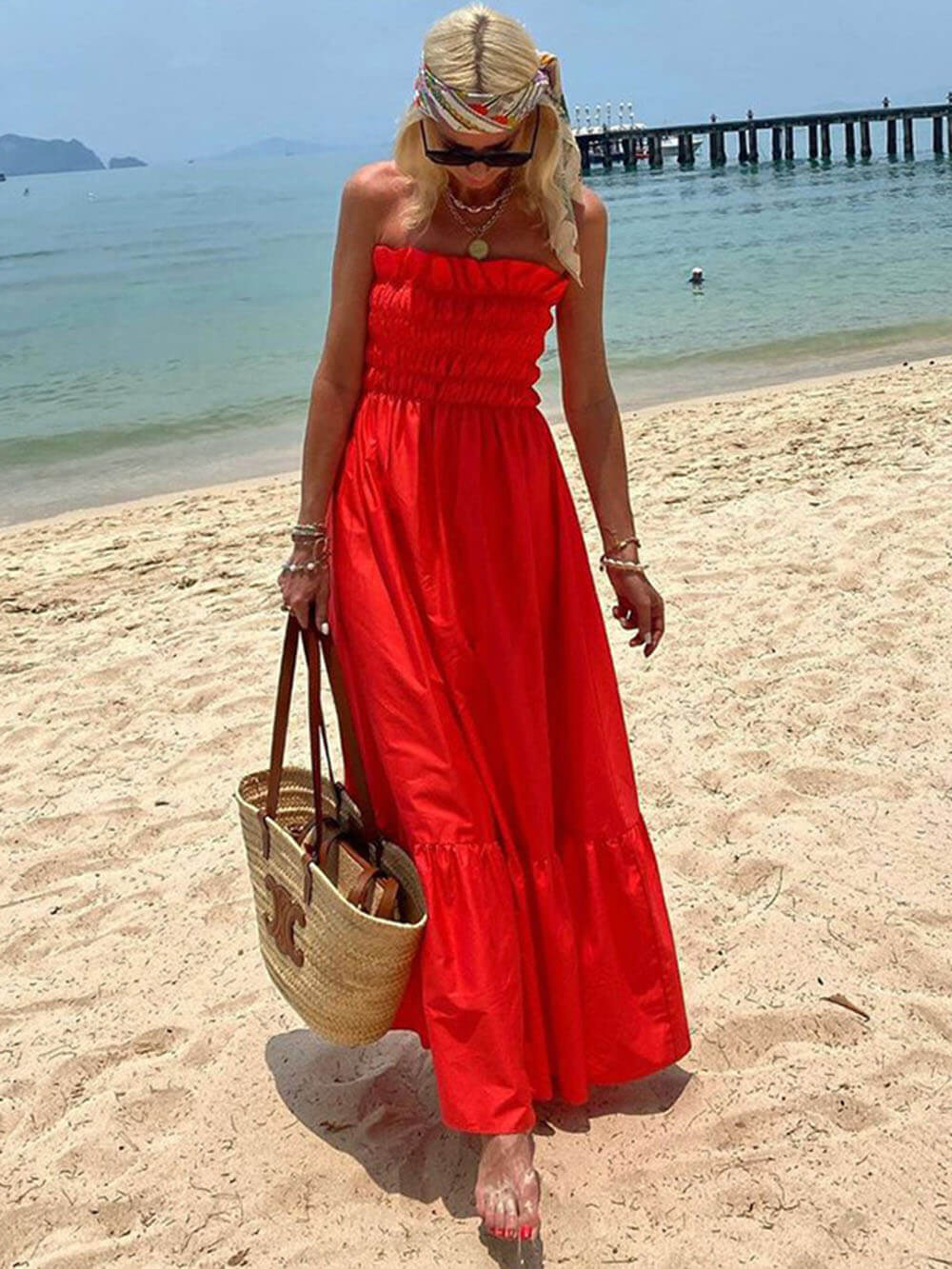 Blauw-Smoked Bust Off Shoulder Vakantie Maxi Jurk-Luna