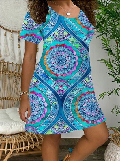Blauw-Print Jurk-Tessa