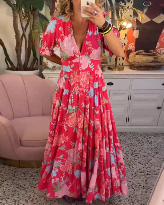 Rode Lange Bloemenjurk - Sophia