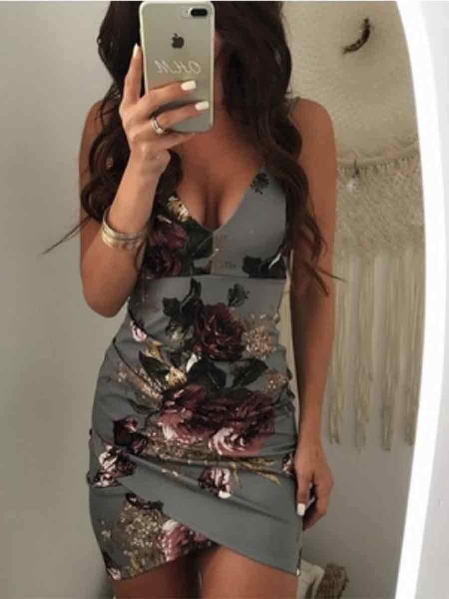 Blauw-Strap V-Hals Onregelmatige Zoom Bloemen Jurk-Lisa
