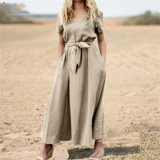 Elegante Katoenen Maxi-Jurk met V-hals & Riem