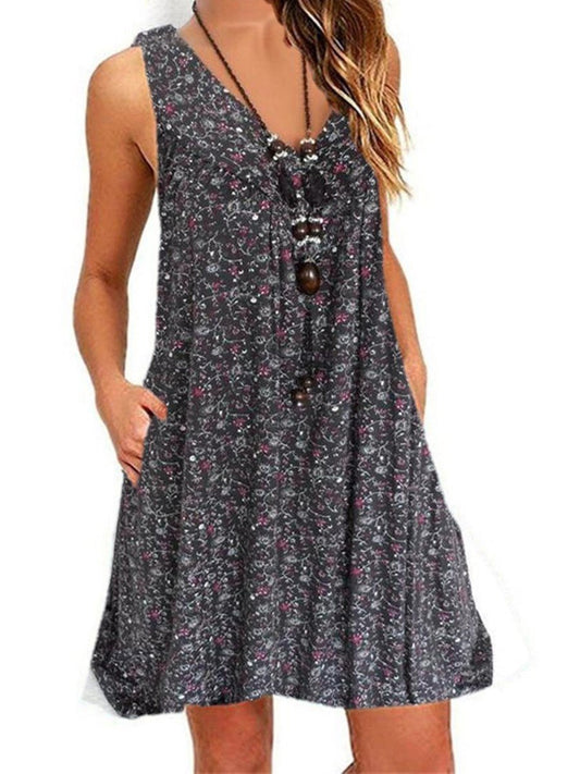 Blauw-mouwloos-v-hals-jurk - Fleur