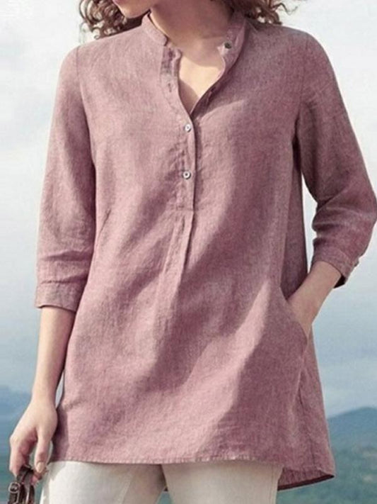 Chique Damesblouse met 3/4 Mouwen en Opstaande Kraag