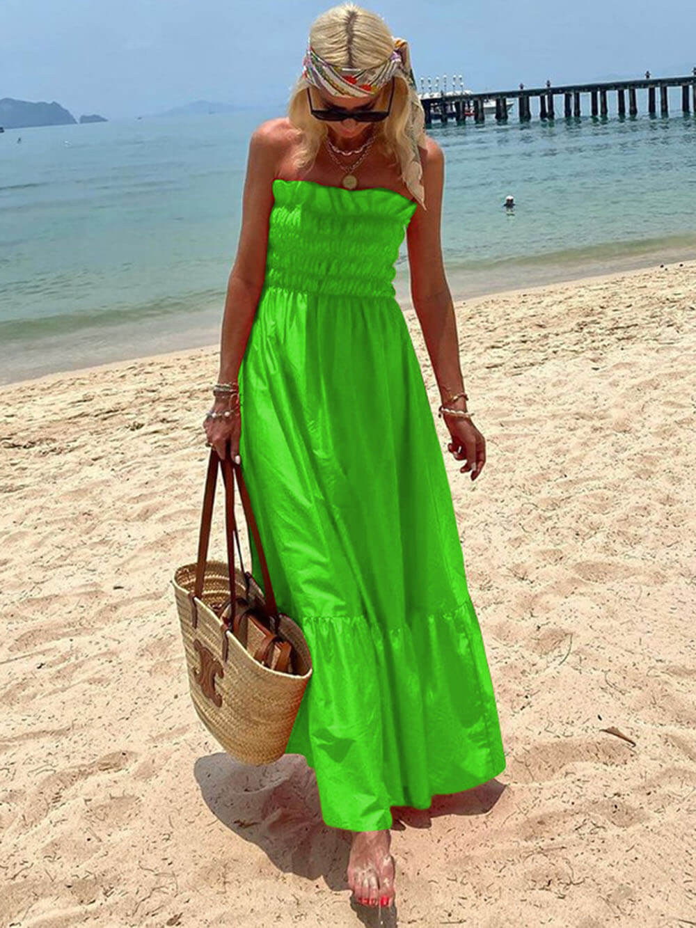 Blauw-Smoked Bust Off Shoulder Vakantie Maxi Jurk-Luna