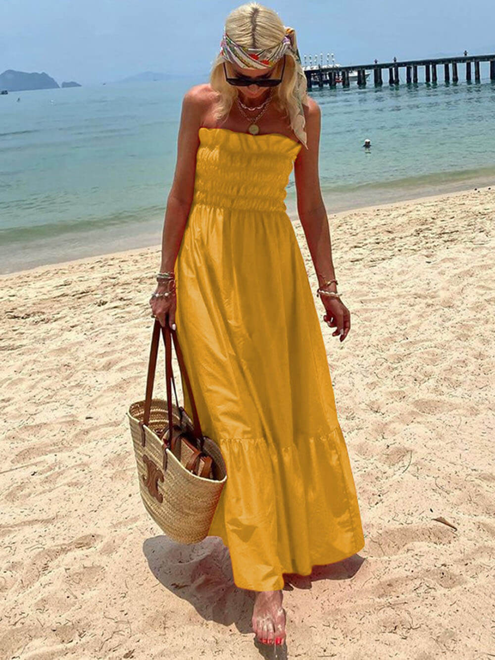 Blauw-Smoked Bust Off Shoulder Vakantie Maxi Jurk-Luna