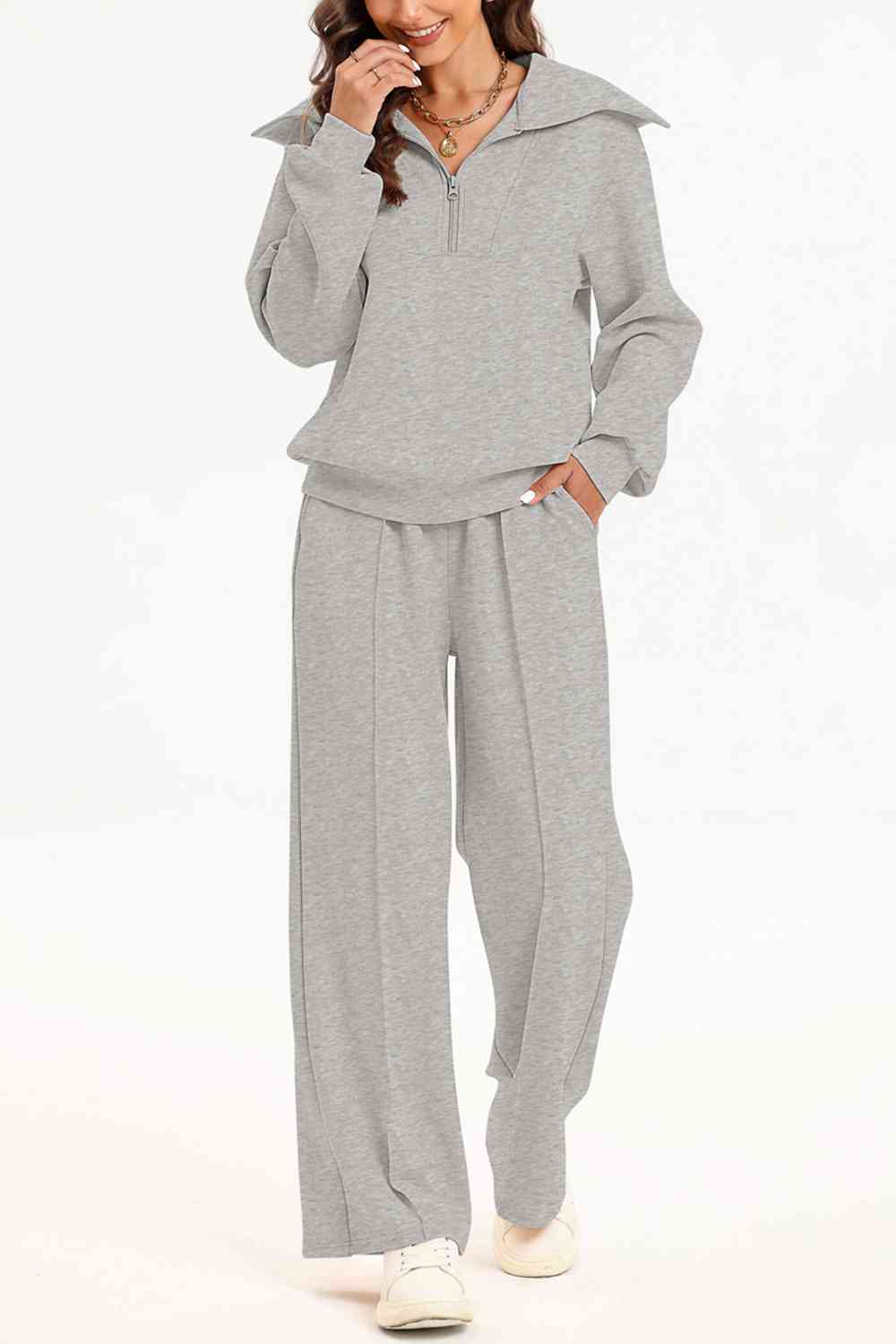 Chique Half-Rits Lounge Set: Stijlvolle Kraag Sweater & Broek