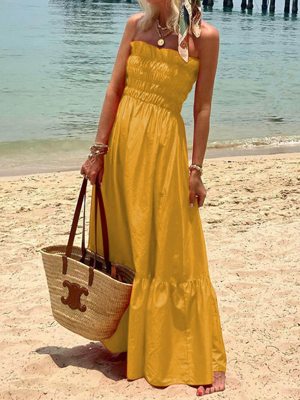 Blauw-Smoked Bust Off Shoulder Vakantie Maxi Jurk-Luna