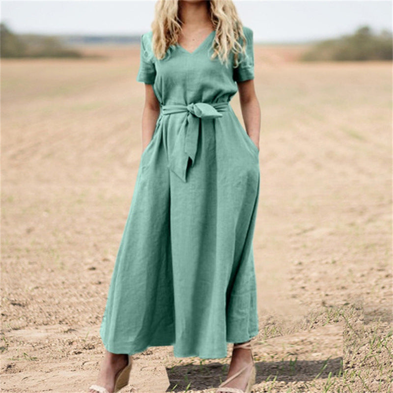 Elegante Katoenen Maxi-Jurk met V-hals & Riem