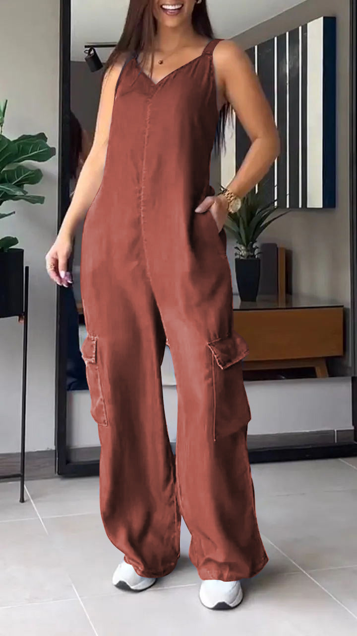 Blauwe Denimhemd V-hals Cargo Jumpsuit - Sarah