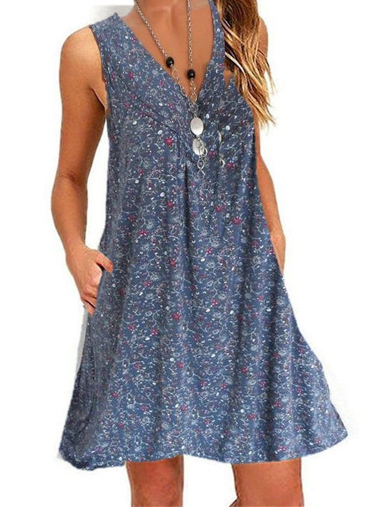 Blauw-mouwloos-v-hals-jurk - Fleur