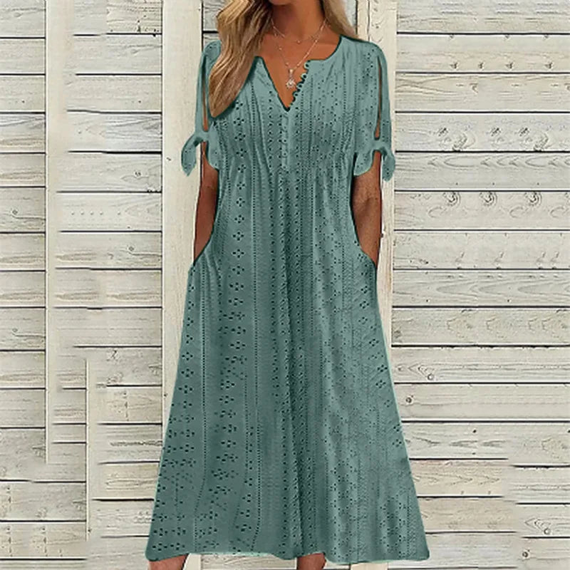 Boho-Chic V-Hals A-Lijn Jurk - Middellange, Polyester met Lichte Stretch