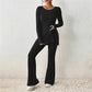 Chique Comfort: Geribbelde Gebreide V-Hals Ensemble - Elegante Lange Mouwen Top & Gezellige Broek