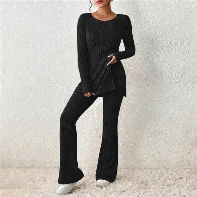 Chique Comfort: Geribbelde Gebreide V-Hals Ensemble - Elegante Lange Mouwen Top & Gezellige Broek