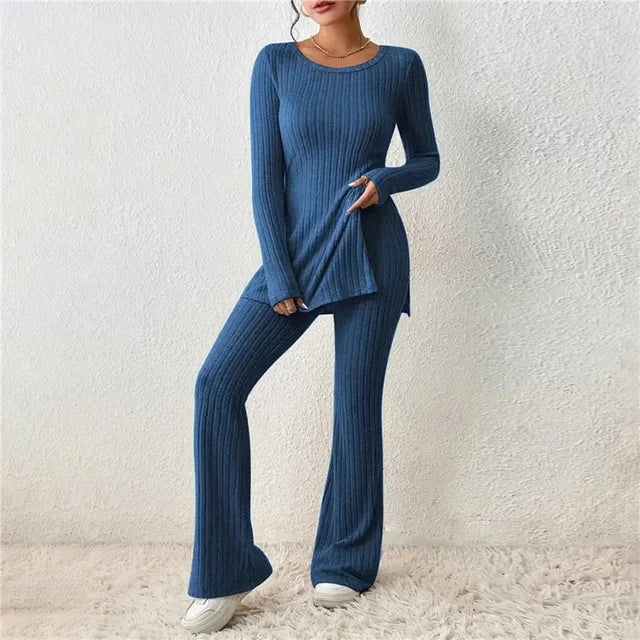 Chique Comfort: Geribbelde Gebreide V-Hals Ensemble - Elegante Lange Mouwen Top & Gezellige Broek