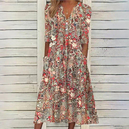 Beige gebloemde midi-jurk - Hannah