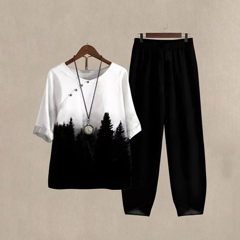 Chique Damescombinatie: Stijlvolle Korte Mouwen Shirt en Broek