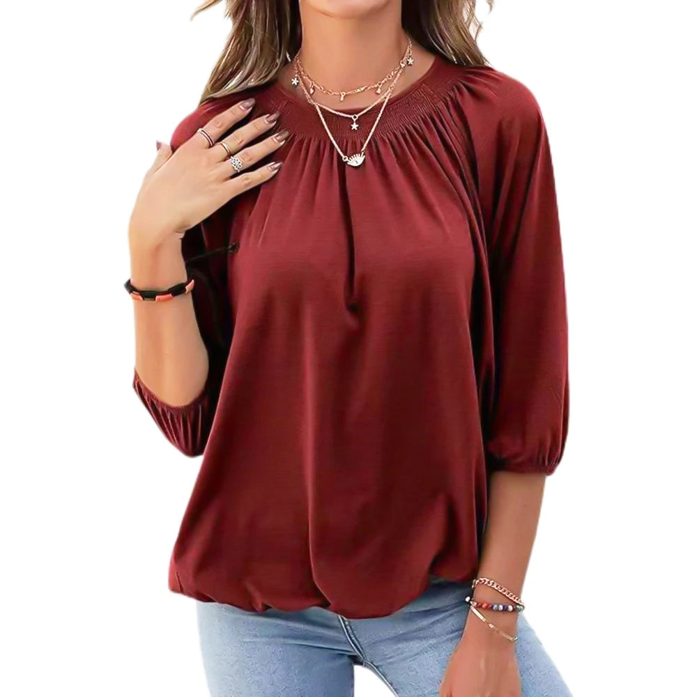 Stijlvolle Ronde Hals T-Shirt met 3/4 Mouwen - Flatterend voor Elk Figuur