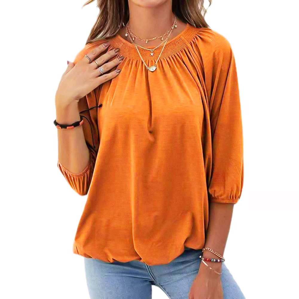 Stijlvolle Ronde Hals T-Shirt met 3/4 Mouwen - Flatterend voor Elk Figuur