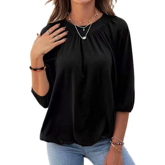 Stijlvolle Ronde Hals T-Shirt met 3/4 Mouwen - Flatterend voor Elk Figuur