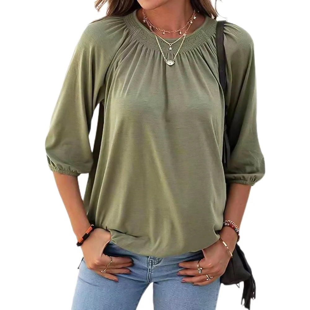 Stijlvolle Ronde Hals T-Shirt met 3/4 Mouwen - Flatterend voor Elk Figuur