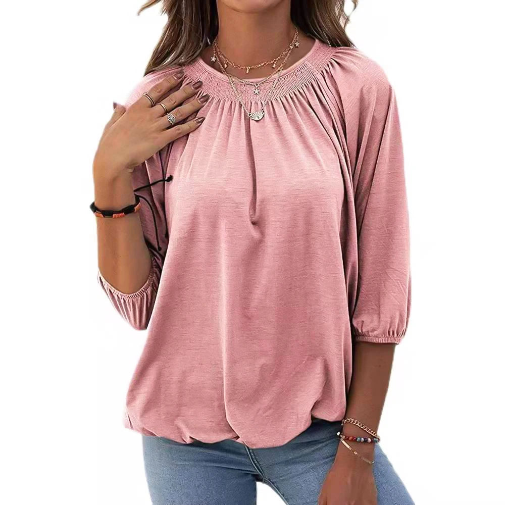 Stijlvolle Ronde Hals T-Shirt met 3/4 Mouwen - Flatterend voor Elk Figuur