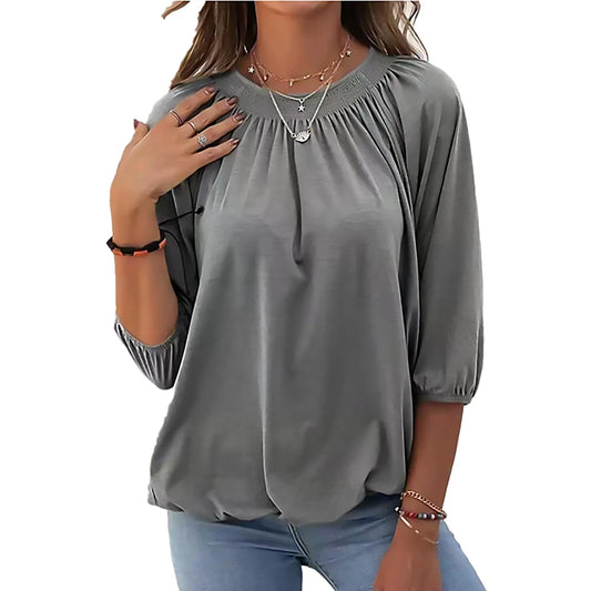 Stijlvolle Ronde Hals T-Shirt met 3/4 Mouwen - Flatterend voor Elk Figuur