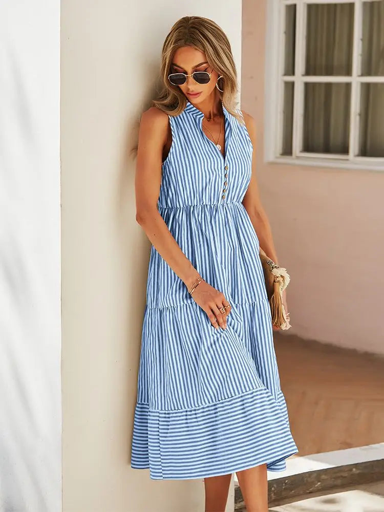 Eva - Blauwe Elegante Casual Overhemdjurk