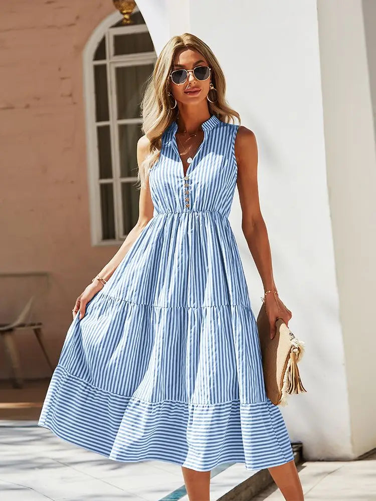 Eva - Blauwe Elegante Casual Overhemdjurk