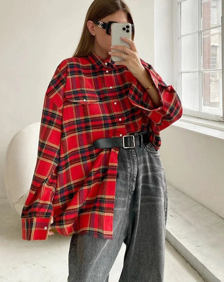 Vanessa - Rode Oversized Geruite Dameshemd