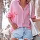 Violet - Paarse Katoen-Linnen Casual Shirt met Halflange Mouwen