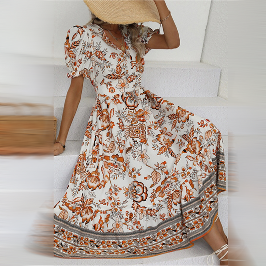 Lidewij - Elegante Oranje Bloemenjurk