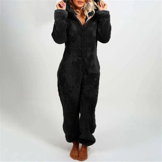Gezellige Chic: Dames Fuzzy Capuchon Zip-Up Loungewear Jumpsuit