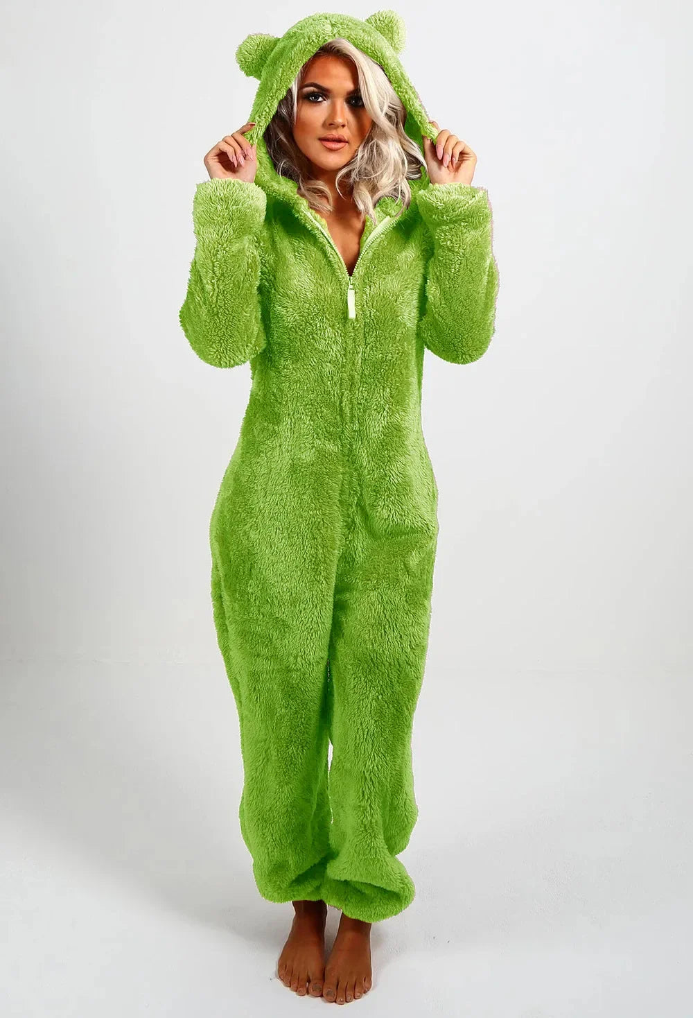 Gezellige Chic: Dames Fuzzy Capuchon Zip-Up Loungewear Jumpsuit