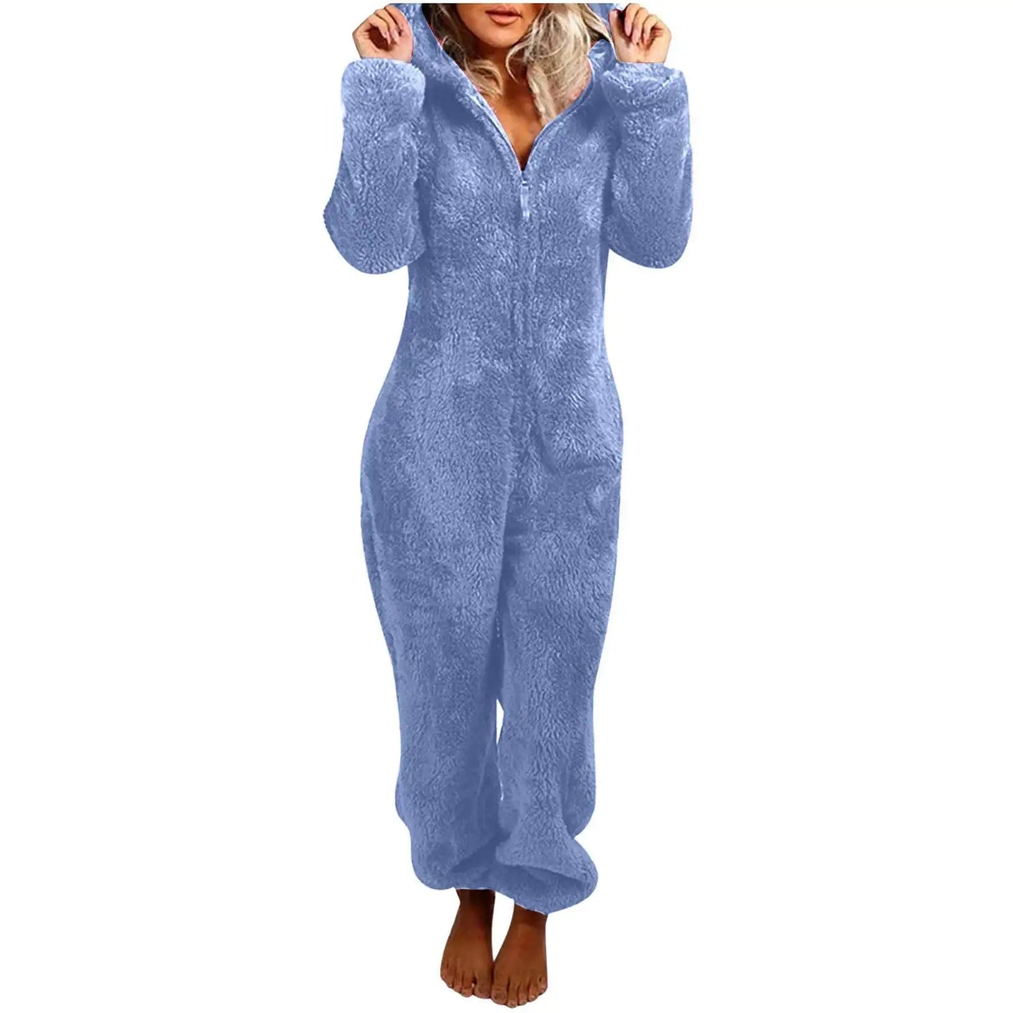 Gezellige Chic: Dames Fuzzy Capuchon Zip-Up Loungewear Jumpsuit