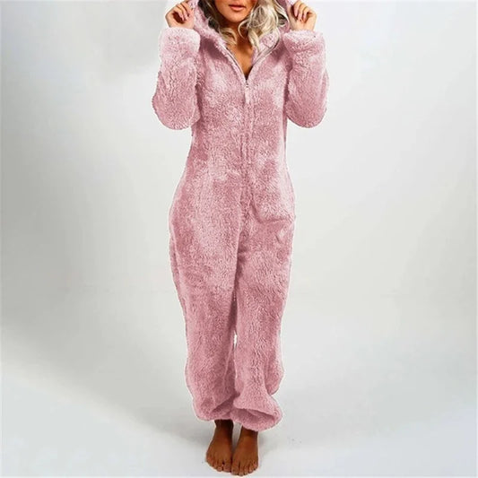 Gezellige Chic: Dames Fuzzy Capuchon Zip-Up Loungewear Jumpsuit