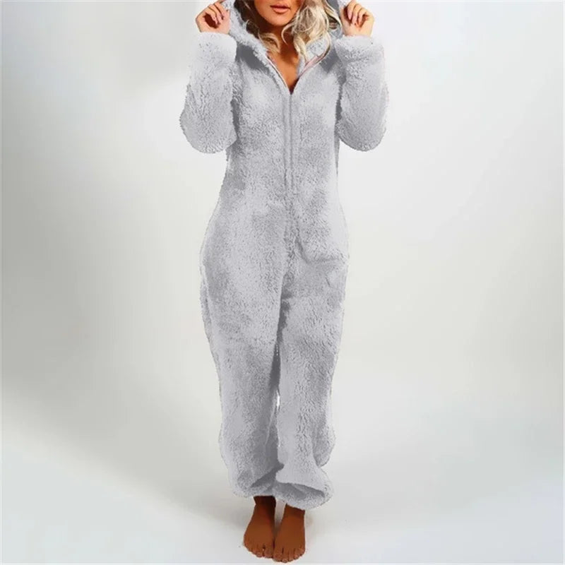 Gezellige Chic: Dames Fuzzy Capuchon Zip-Up Loungewear Jumpsuit