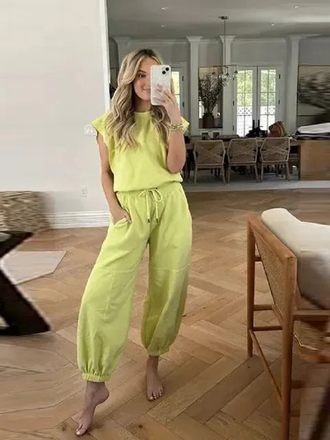 Jade - Geelgroene Casual Mouwloze Jumpsuit