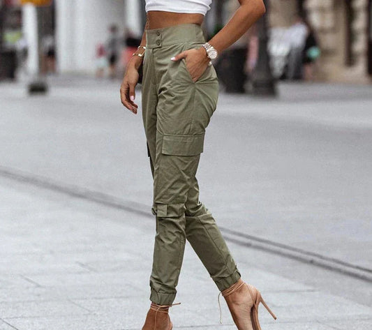 Chique Hoge Taille Cargo Broek met Zakken en Knopen