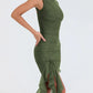 Legergroene Midi Jurk met Ruches - Rozz