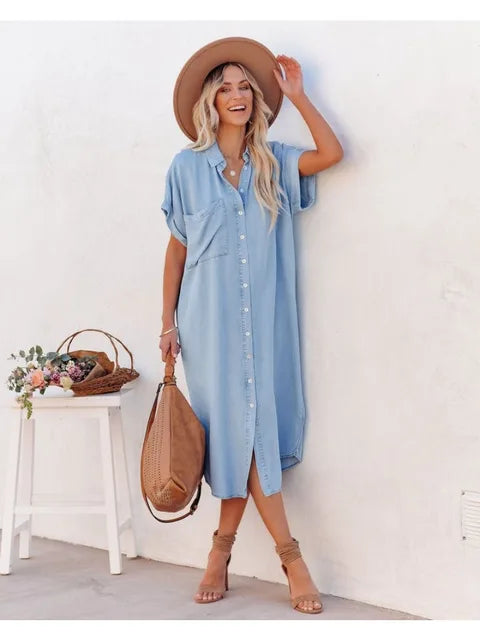 Blauwe Losse Denim Shirtjurk - Jaylynn