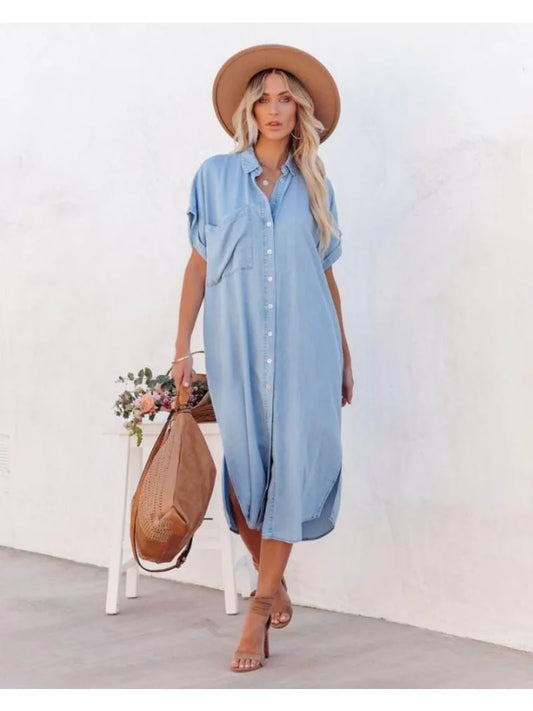 Blauwe Losse Denim Shirtjurk - Jaylynn