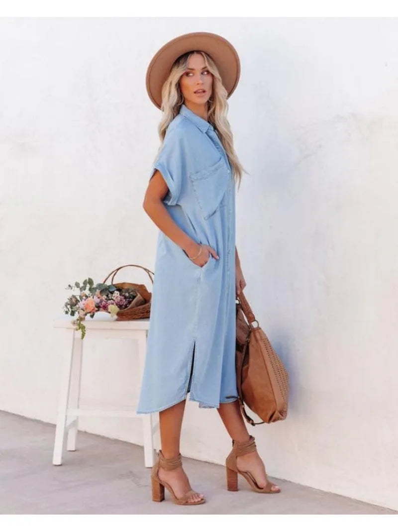 Blauwe Losse Denim Shirtjurk - Jaylynn