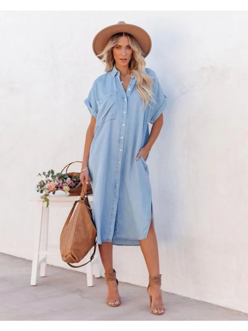 Blauwe Losse Denim Shirtjurk - Jaylynn