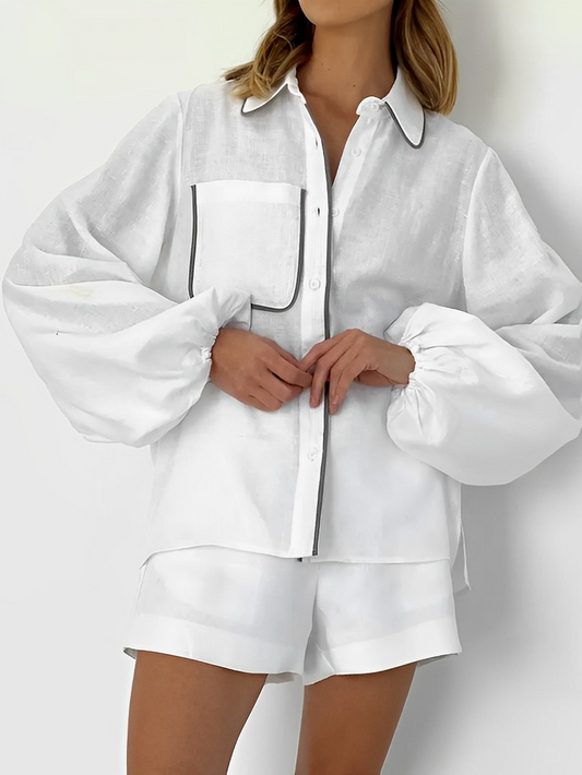 Chique Oversized Katoen-Linnen Set: Contrast-Trim Shorts Duo