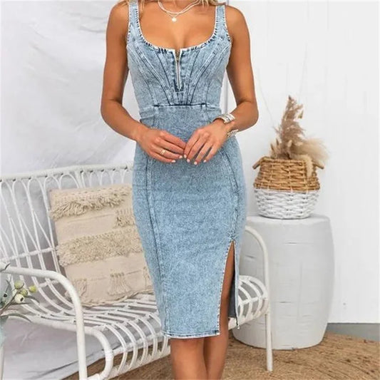 Chique Denim Midi-Jurk | Verstelbare Bandjes & Stretch