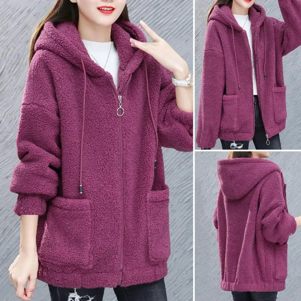 CozyChic Pluche Capuchon Fleecejas: Zakken & Rits Warmte voor Elegante Winter