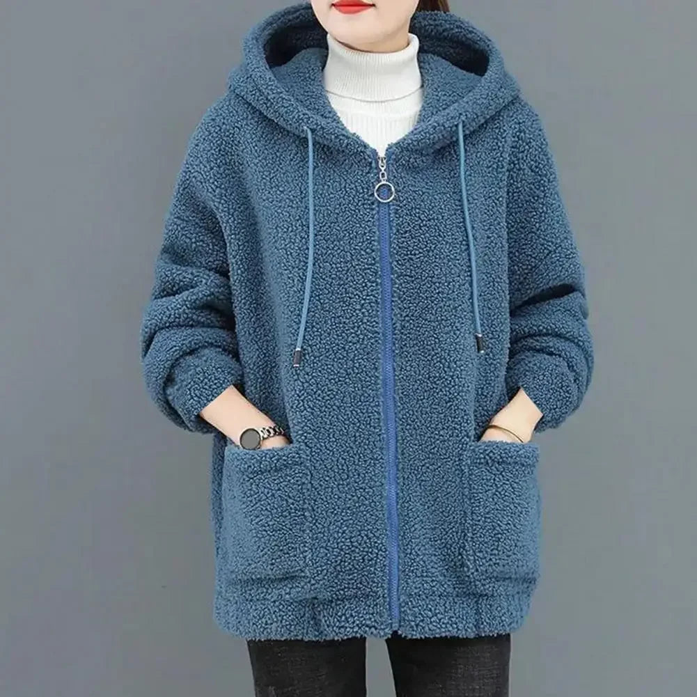 CozyChic Pluche Capuchon Fleecejas: Zakken & Rits Warmte voor Elegante Winter