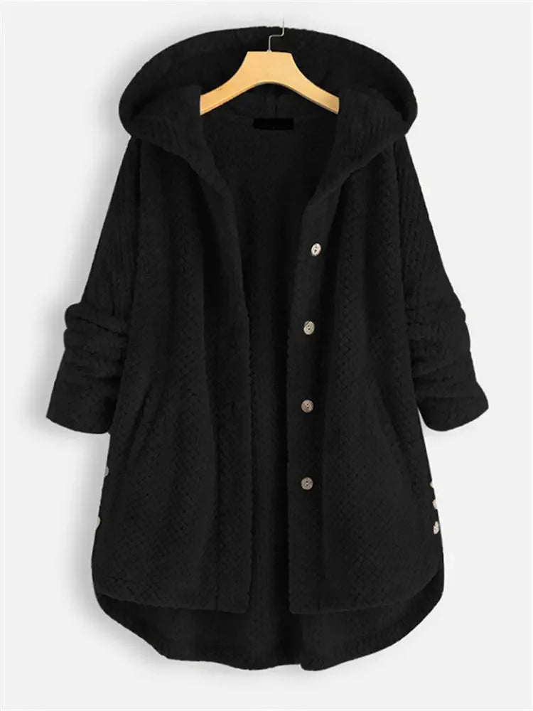 Chique Winter Elegantie: Teddy Sherpa Fleece Lange Jas met Capuchon voor Dames
